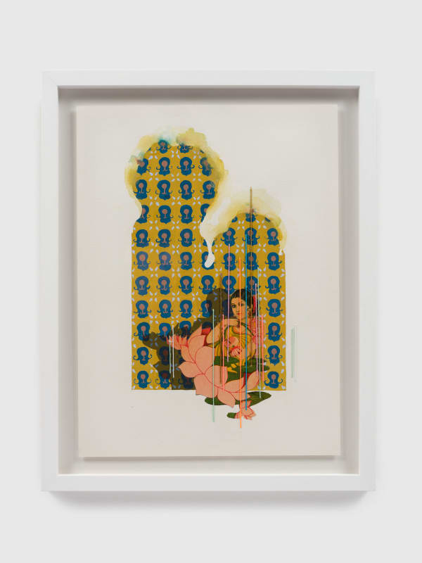 Suchitra Mattai b. 1973her shadow held the weight of 10,000 years, 2023 Gouache, embroidery floss, and vintage advertisement page from India on paper 16 x 12 in 40.6 x 30.5 cm