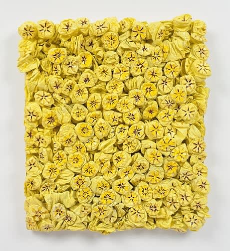 Willie Cole Yellow Bed (Wasteland series) , 2023 Recycled, crushed plastic water bottles , Epoxy resin on mounted MDF 34 x 31 x 6 in. 86.4 x 78.7 x 15.2 cm