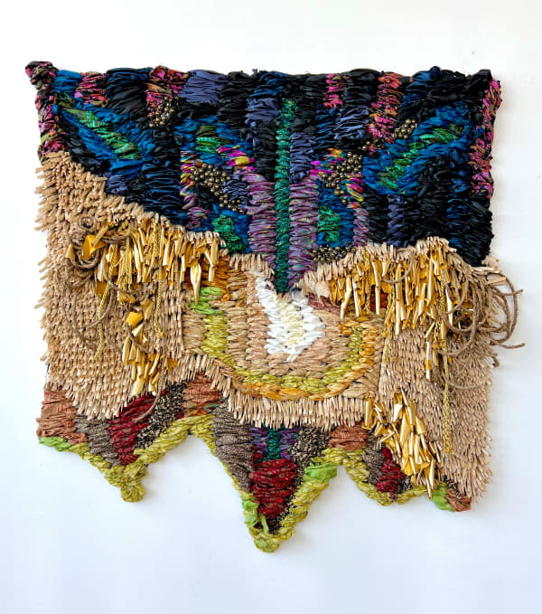 Suchitra Mattai b. 1973barefoot in the moon's light, 2022 Vintage saris, ghungroo bells, clothes pins, jute, and fabric 70 x 76 in 177.8 x 193 cm