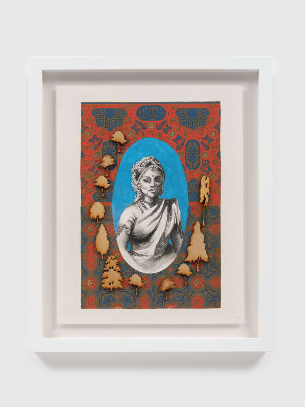 Suchitra Mattai b. 1973a mighty queen, 2023 Graphite, watercolor, pen, found wood trees, and 19th century book page from "The Grammar of Ornament," on paper 14 x 10 in 35.6 x 25.4 cm