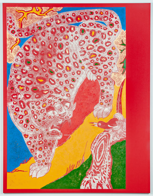 Kour Pour White Tiger of the West, 2020 Block printed on canvas with acrylic and oil 94 x 73 x 2 in 238.8 x 185.4 x 5.1 cm