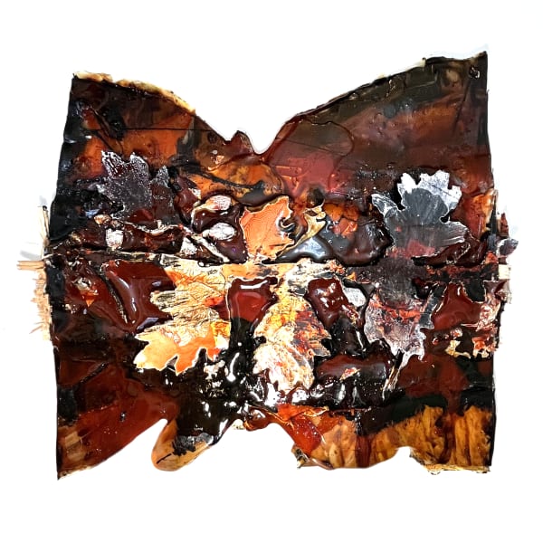 Roaring Outside AND In Wood, glue, resin, gold leaf, pewter, paper, varnish, paint 400mm x 350mm