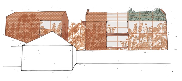 WALD Sandblasted brick, Corten steel est - 11900mm x 27400mm x 11000mm