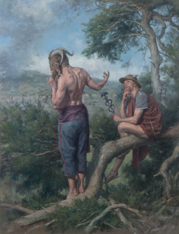 Paul Reid Pan and Hermes oil on canvas paper 65cm x 50cm