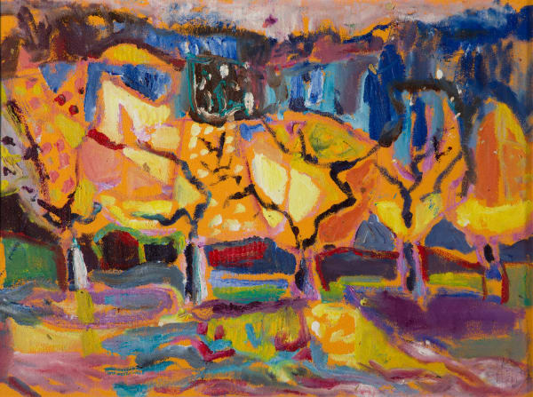 Leonie Gibbs Sun Setting on the Almonds, 2017 oil on board 54cm x 71cm