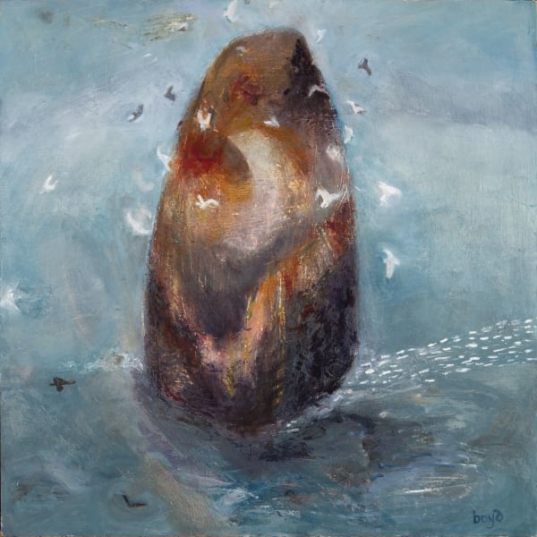 Becs Boyd The Rock of Birds, 2025 oil on ply 40cm x 40cm (45.5cm x 45.5cm framed)