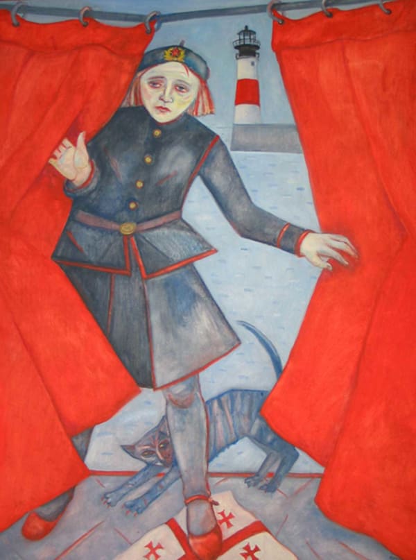 Joyce W Cairns Through the Red Curtain oil on panel 122cm x 92cm 48 x 36 in