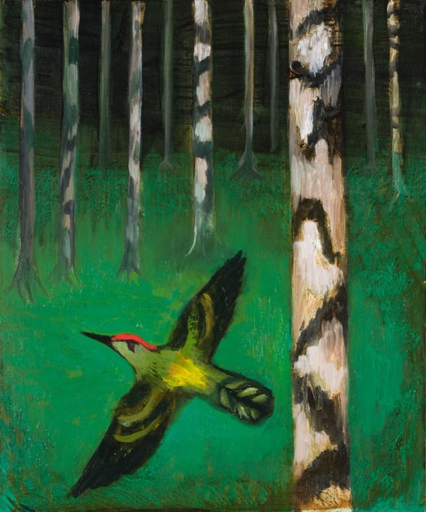 Paul Bloomer In Search of the Green Man 1, 2024 oil on board 12" x 10" unframed (hand-crafted oak frame additional £80)