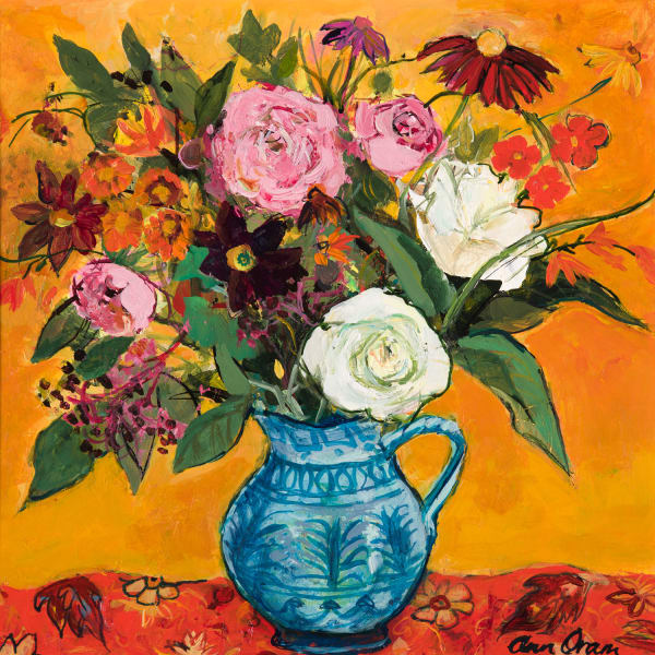 Ann Oram Late Summer Flowers in a Spanish Jug acrylic on gesso board 30cm x 30cm