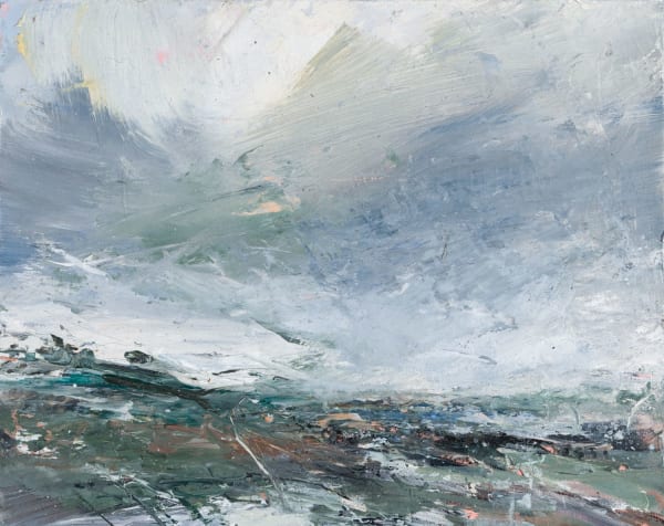 Janette Kerr Walking above Brindister Voe, 2025 oil on gesso panel 20cm x 25cm (33cm x 38cm framed)