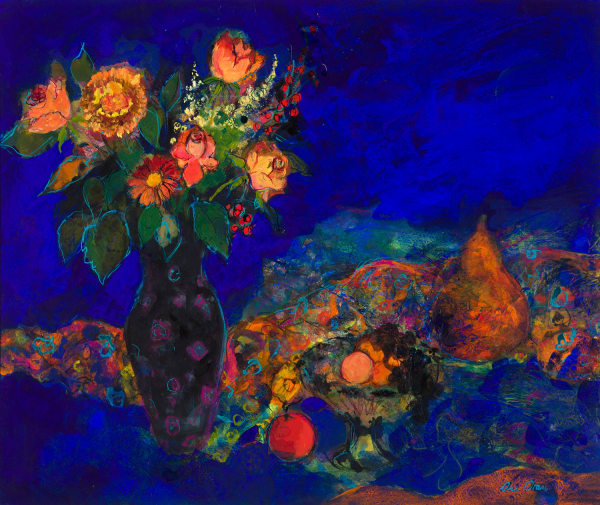 Ann Oram Midnight Still life with Fruit and Flowers mixed media 67cm x 80cm