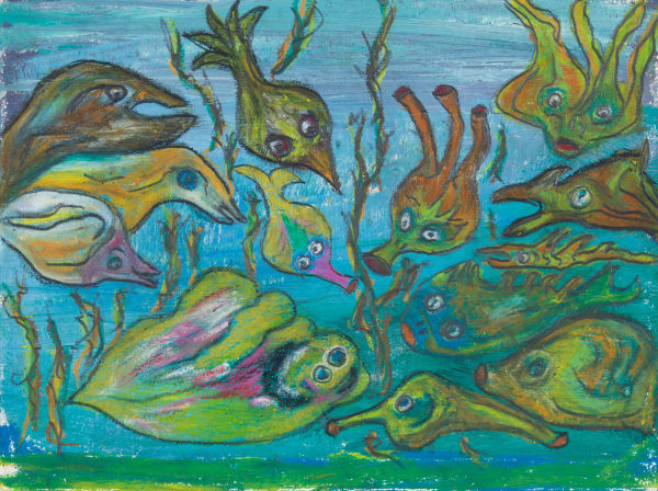 Lotte Glob Discussing the future, 2022 mixed media 27cm x 36cm (34.5cm x 44cm framed)