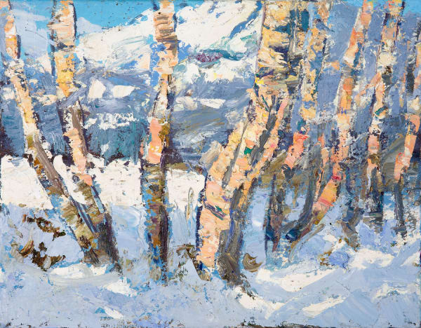 Allan MacDonald gold birches, Foxhole oil on canvas 36cm x 45.5cm