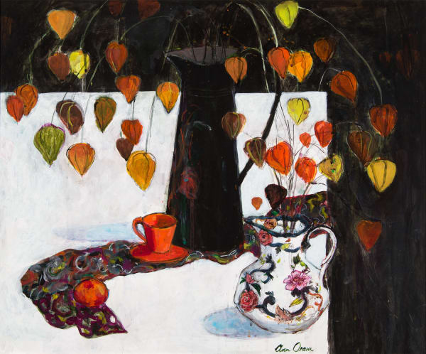 Ann Oram Two Jugs and Chinese Lanterns acrylic on gesso board 49cm x 59cm