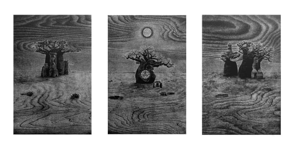 Ade Adesina Beyond the Line, 2018 woodcuts 91cm x 61cm (x3) Edition of 30