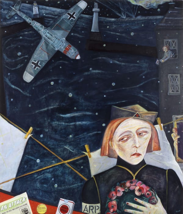 Joyce W Cairns Messerschmitt over Footdee oil on ply 152cm x 122cm
