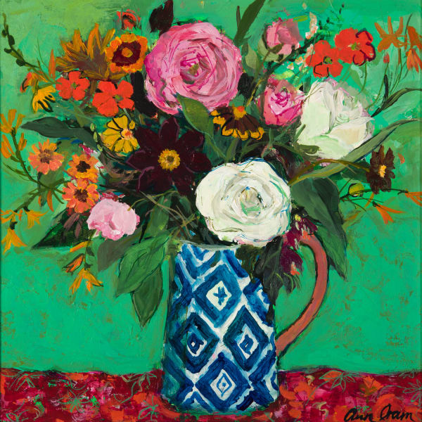 Ann Oram Summer Flowers on a Green Ground acyrilic on gesso board 30cm x 30cm