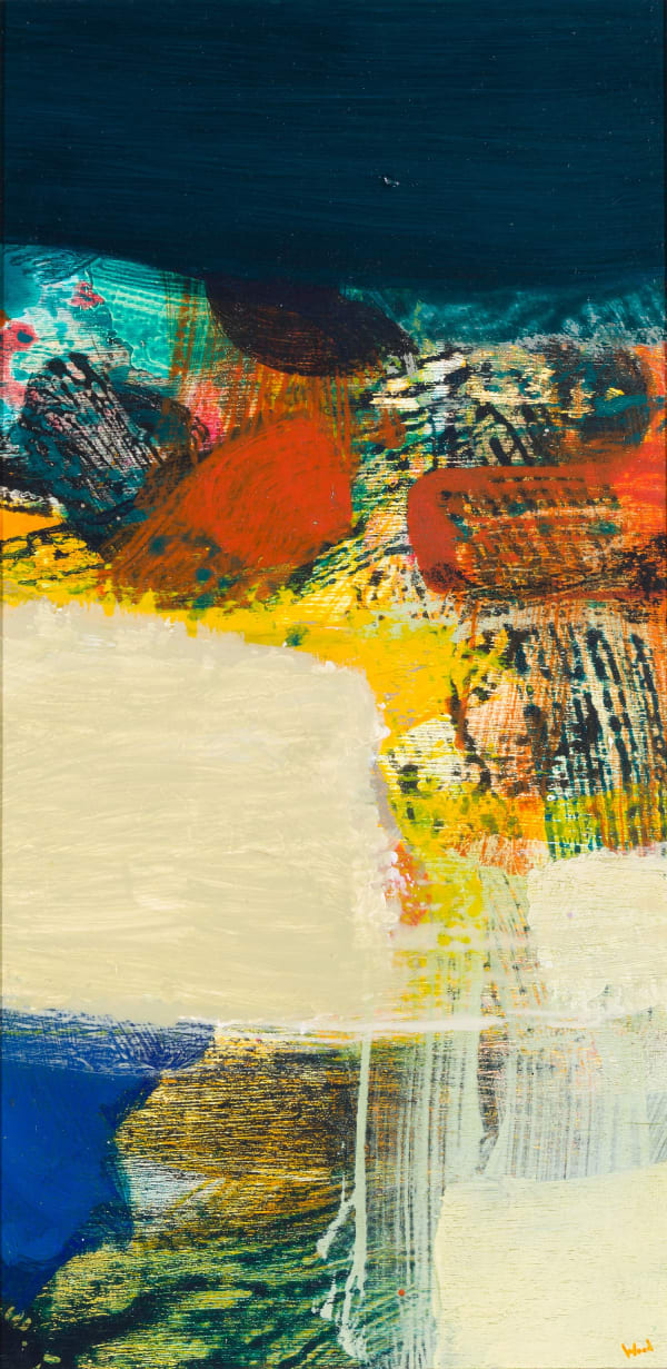 Christopher Wood RSW Out of the Wind, 2025 acrylic and collage on panel 61cm x 30cm (81cm x 50cm framed)