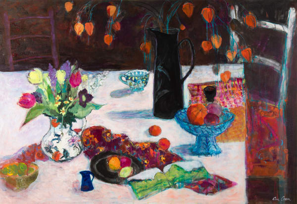 Ann Oram Table with Chinese Lanterns acrylic on linen 91cm x 131cm