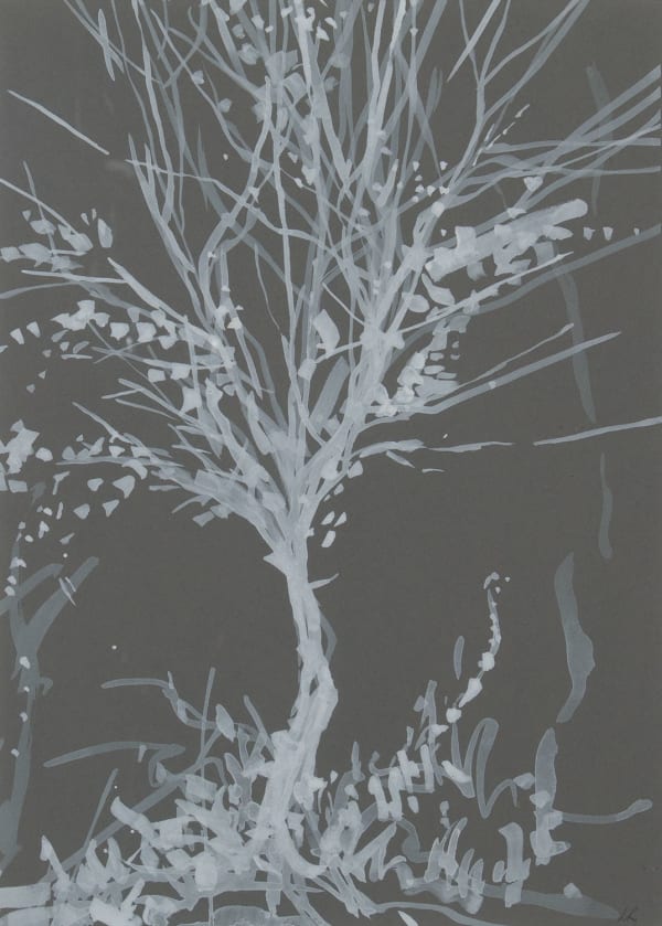 Lizzie Rose Frost Birch ii, 2022 gouache on grey paper 28cm x 20cm (47cm x 37cm framed)