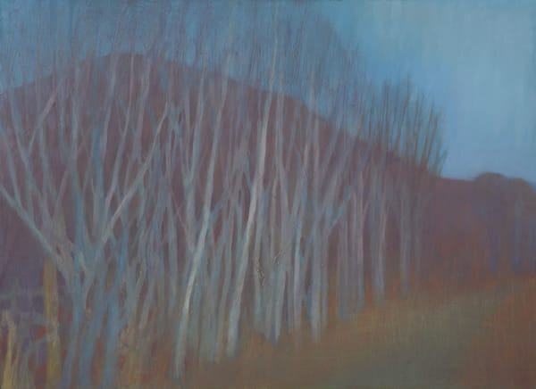 Jane MacNeill Red Hill and Winter Trees oil on board 44cm x 60cm
