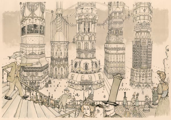Robert Powell Cities of the Plain or Five Styles of Utopia, 2019 lithograph and watercolour 50cm x 71cm VE 2/5