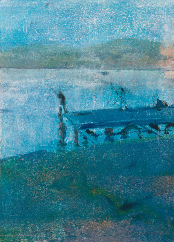Kate Downie RSA Dusk Fisherman, Bicheno monotype on japanese paper on birch panel 32cm x 22cm