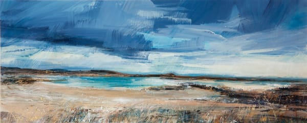 Sarah Carrington Across to Jura from Uisken, Mull mixed media and gold leaf 24cm x 59cm
