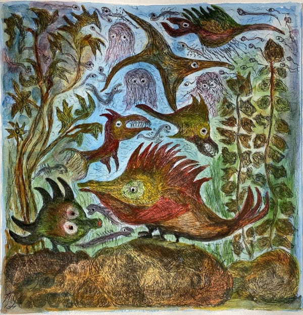Lotte Glob Loch Eriboll Dreams, 2022 etching hand-coloured (unique) 40cm x 40cm (64cm x 62.5cm framed)