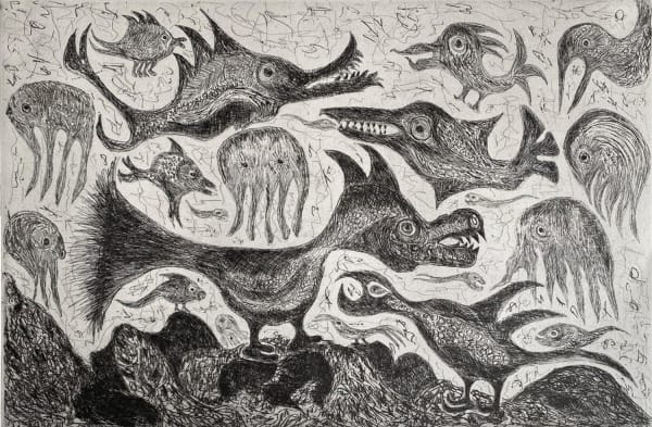 Lotte Glob Leaving the Loch - black and white, 2022 etching 41cm x 60cm (64cm x 82cm framed) Edition of 5