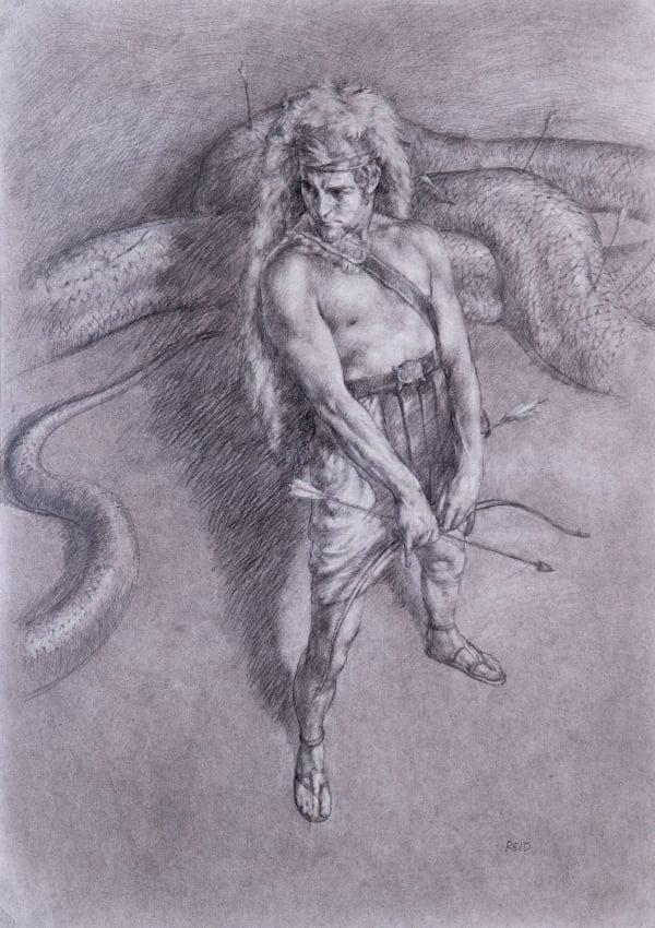 Paul Reid Apollo and Python drawing, 2014 charcoal and chalk drawing 59cm x 42cm