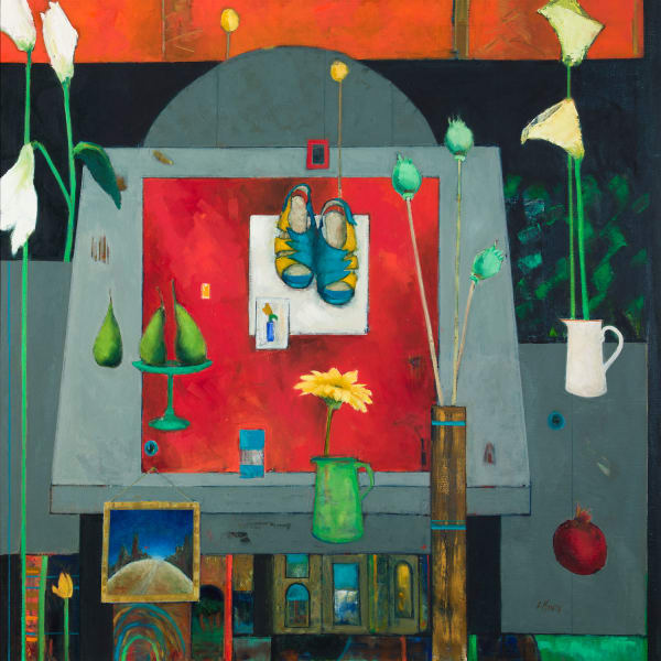 Liz Knox Paraphernalia with Shoes, 2020 oil on linen 102cm x 102cm 40 x 40 in