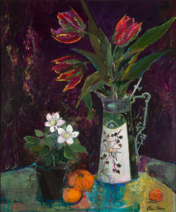 Ann Oram Tulips in a Claret Jug acrylic on gesso board 58cm x 48cm