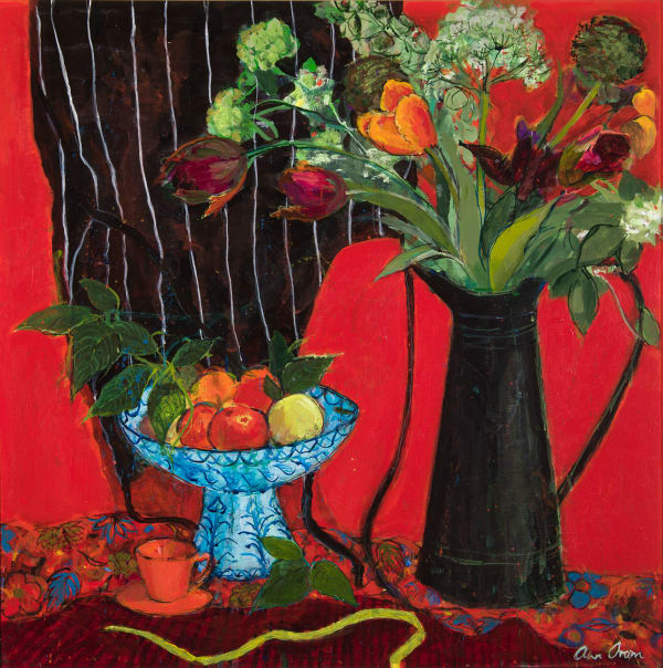 Ann Oram Kitchen Still-life on Red Ground mixed media 54cm x 54cm