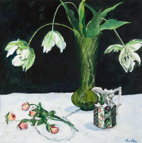 Ann Oram Tulips and Roses with Ironstone Jug acrylic on gesso board 49.5cm x 49cm