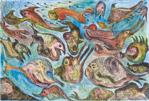Lotte Glob Looking for Light, 2022 etching, hand-coloured (unique) 41cm x 60cm (64cm x 82cm framed)