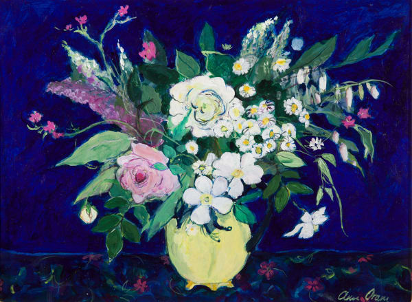 Ann Oram White and Pink Roses in a Yellow Jug acrylic on gesso board 28.5cm x 38.5cm