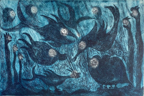 Lotte Glob Heading for the Shore - blue, 2022 etching 41cm x 60cm (65cm x 82.5cm framed)