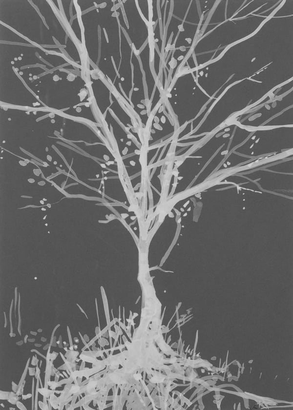 Lizzie Rose Frost Birch I , 2022 gouache on grey paper 28cm x 20cm (47cm x 37cm framed)