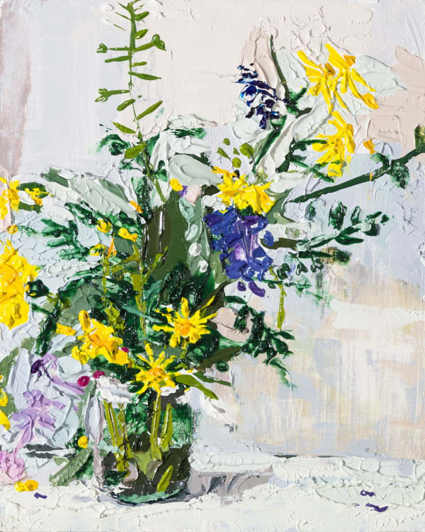 Iona Roberts Garden Weeds study, 25th April, 2024 oil on board 25cm x 20cm (28.5cm x 23.5cm framed)