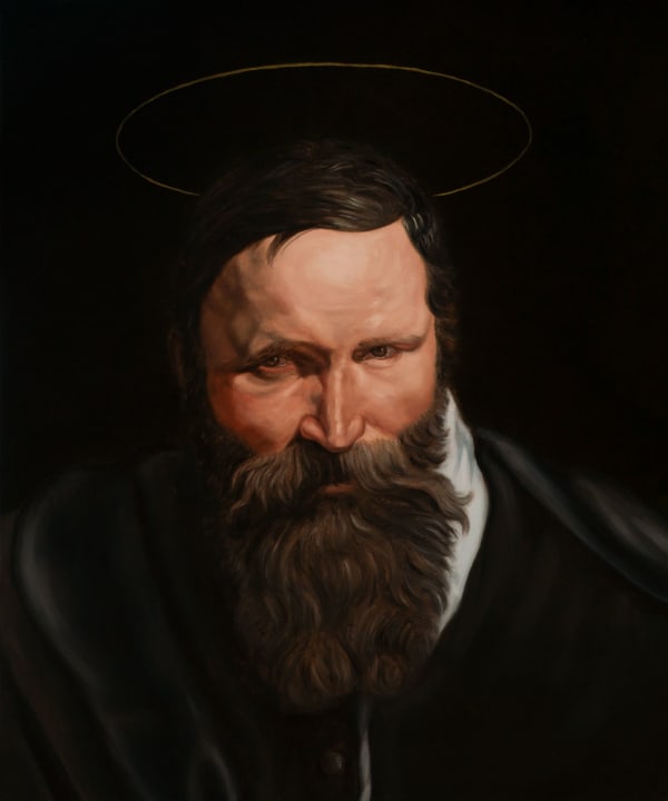 Rory Macdonald The Patron Saint of Wrath, 2023 oil on board 36cm x 30cm (53cm x 57cm framed)