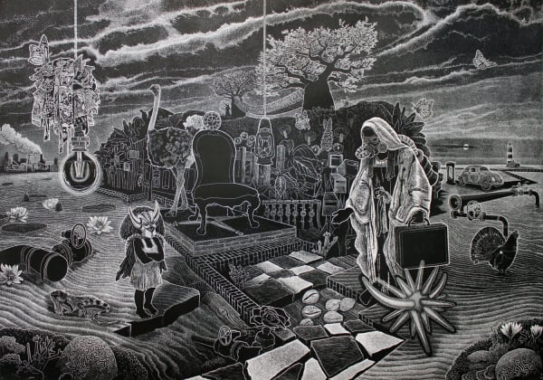 Ade Adesina A l'aube (sunrise), 2020 linocut (with Florence Poirier Nkpa) 101cm x 147cm Edition of 30