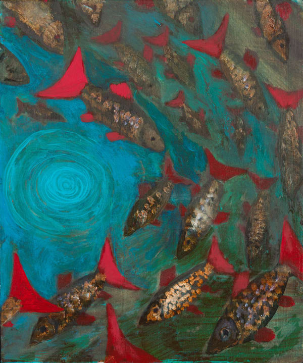 Paul Bloomer The Lamentation of the Fishes 2, 2024 oil on board 12" x 10" unframed (hand-crafted oak frame additional £80)