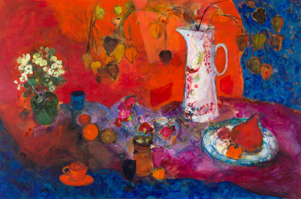Ann Oram Red Still-life with White Jug and Fruit mixed media on paper 67cm x 100cm