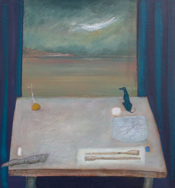 Sian MacQueen rsw Waiting Room acrylic on gesso 38cm x 36cm