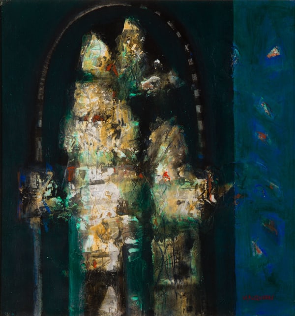 Charles MacQueen RSW RGI Pergola and Pool, 2019 mixed media 48cm x 46cm 19 x 18 in