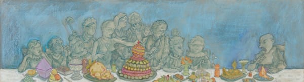 Robert Powell Supper, 2022 acrylic and pastel 15.5cm x 56cm (28cm x 68cm framed)