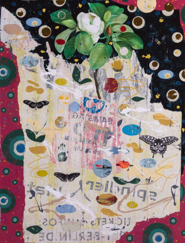 Colin Brown Spindler Magnolia, 2025 collage and mixed media 80cm x 60cm (83cm x 63cm framed)