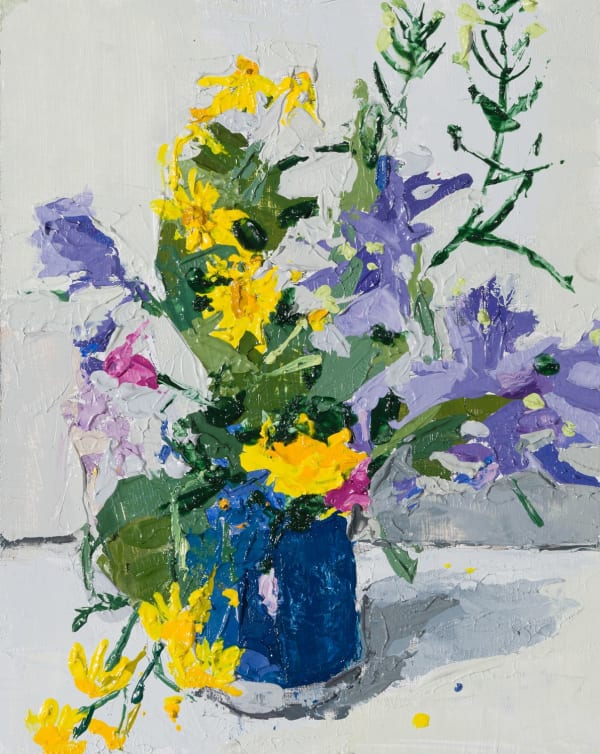 Iona Roberts Motorway Wild Flower study, 4th May, 2024 oil on board 25cm x 20cm (28.5cm x 23.5cm framed)