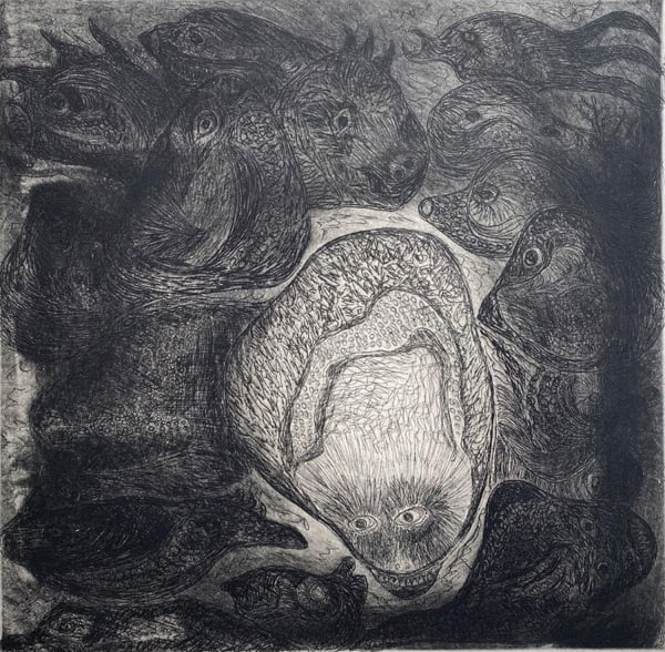 Lotte Glob Deep Down, 2022 etching 40cm x 40cm (64cm x 62.5cm framed) Edition of 5